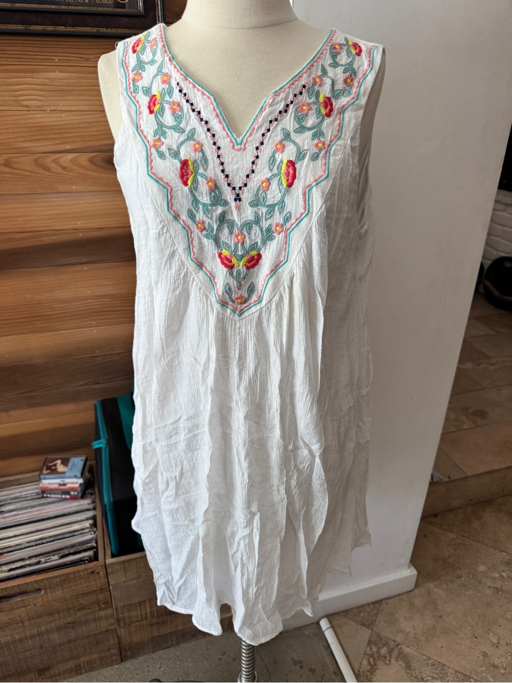 Luxology White Strapless Dress with Multicolor Embroidered Yoke
